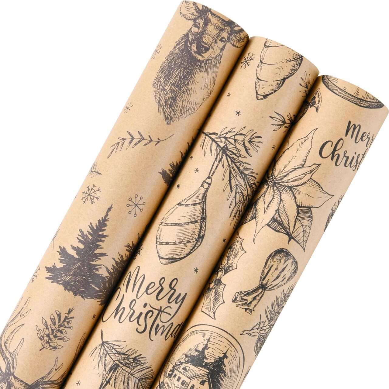 Vintage Christmas Wrapping Paper Roll - Mini Roll 17" X 120" Kraft Christmas Wrapping Paper, 3 Rolls Aesthetic Christmas Wrapping Paper(Vintage Christmas)